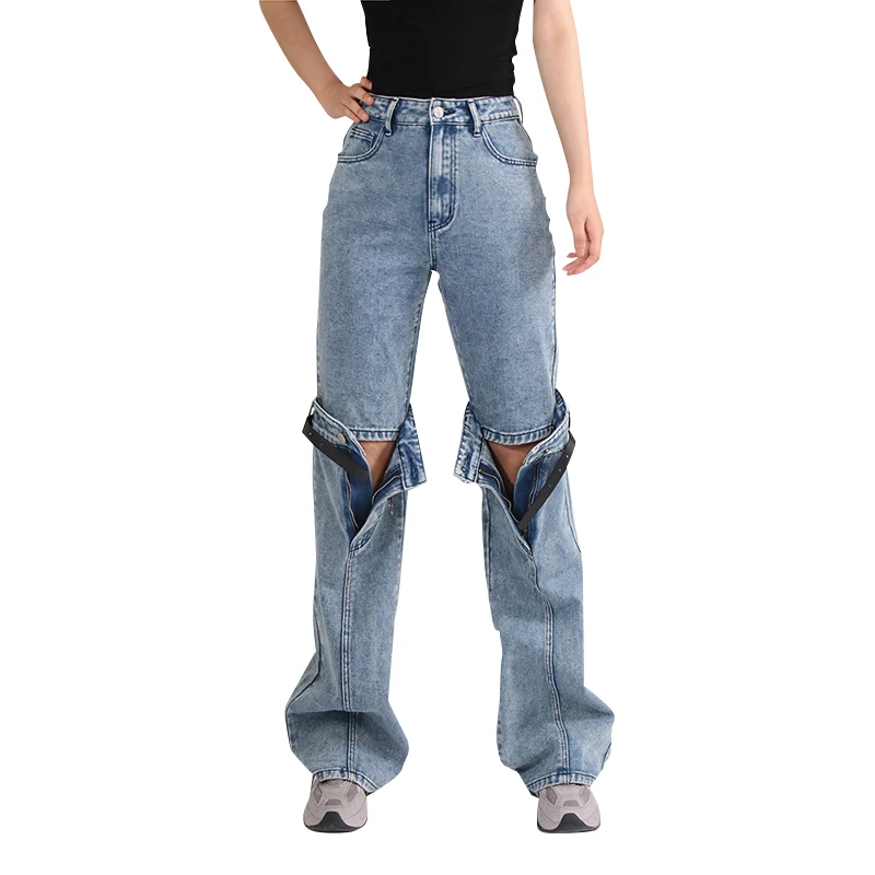 High Waist Zipper Patchwork Belt Hollow Out 2024 Denim Jeans Pants For Women