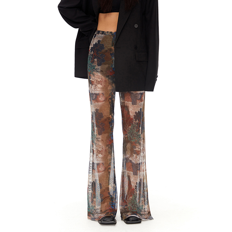 Fashion Hit Color High Waist Patchwork Mesh Wide Leg Women’S Pants Trousers