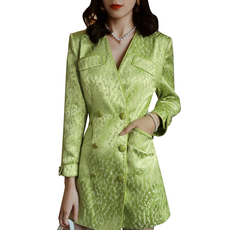 Autumn Jacquard Spliced V Neck Double Breasted Mini Dress Womens Lady Elegant