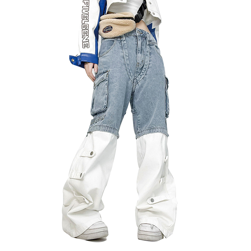 Spring New Style Blue And White Splicing High Waist Jeans Pants Women Denim