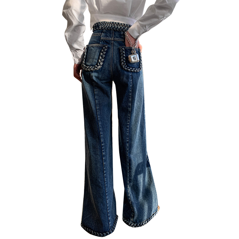 Vintage Patchwork Baggy High Waist Loose Straight Flat Front Denim Pants