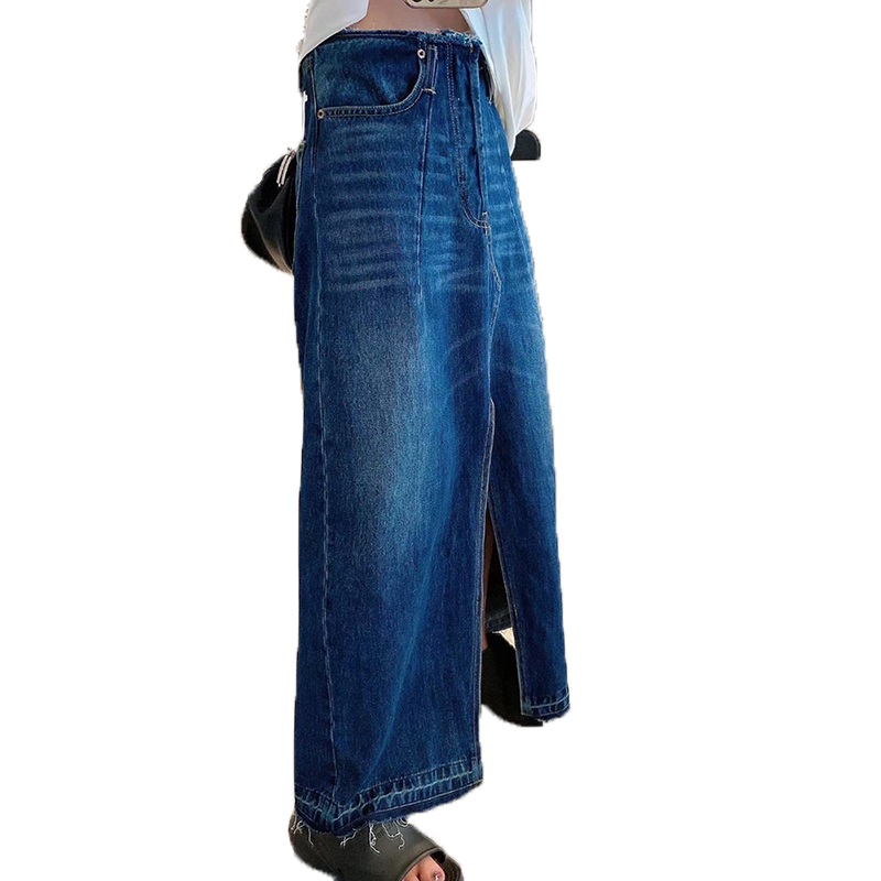 Casual Solid Color High Waist A Line Patchwork Pocket Split Long Denim Skirt