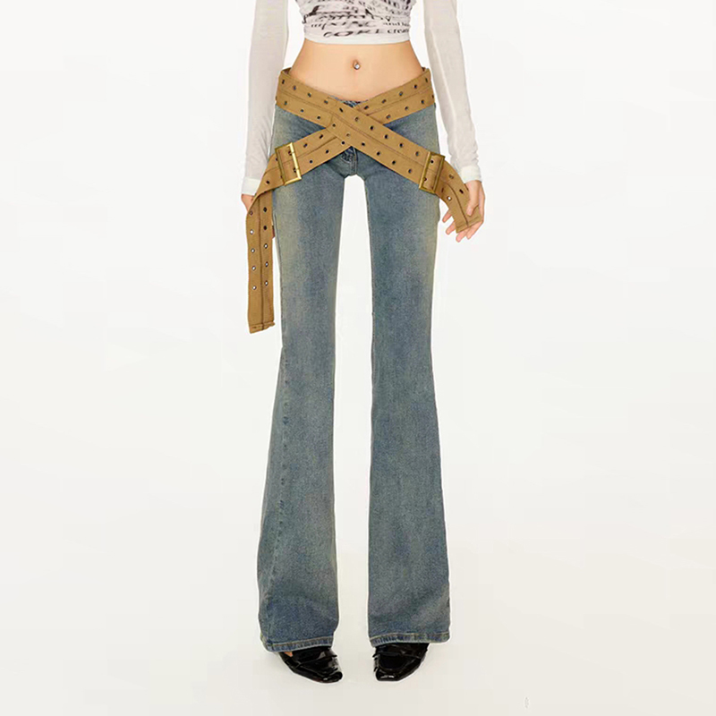High Waist Spliced Pockets Patchwork Cross Belts Denim Jeans For Women