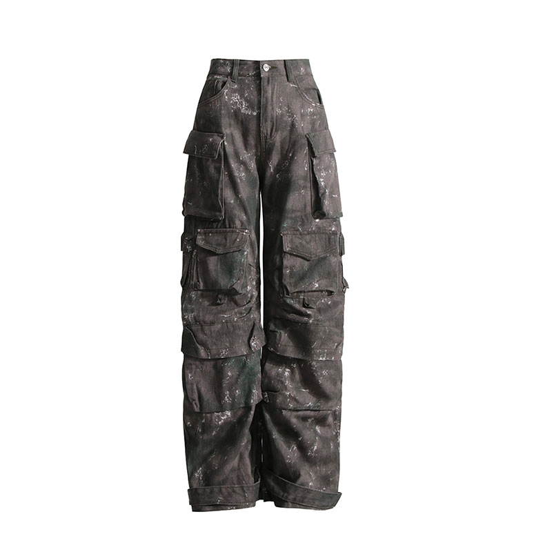Streetwear Wide Leg Pants For Women High Waist Patchwork Pockets Camouflage Trousers