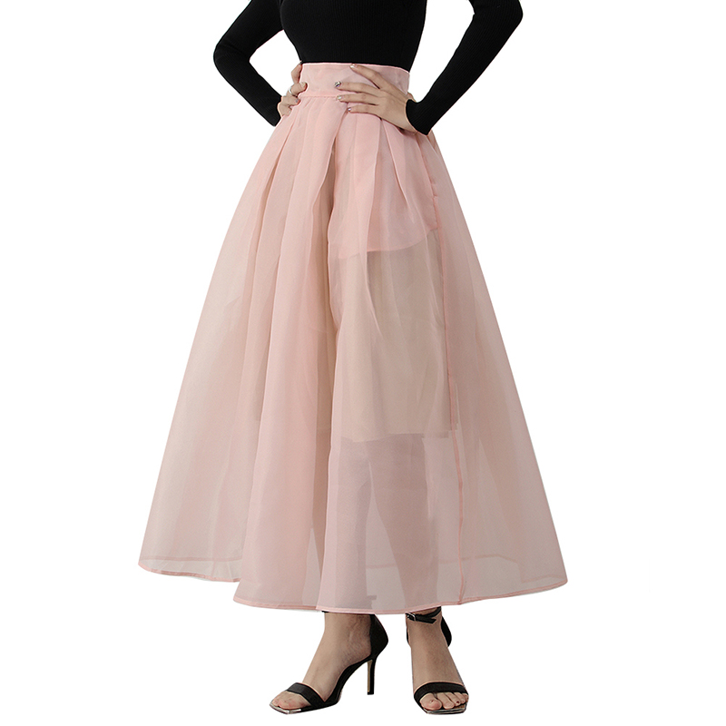 Fashion Solid Color High Waist Patchwork Pink Mesh Midi Skirts For Women