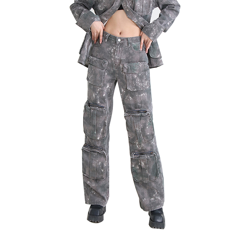Spring Summer Camouflage High Waist Patchwork 6 Pocket Cargo Women Pants Trousers