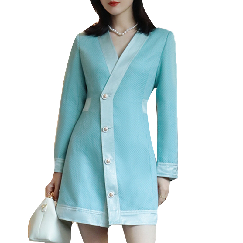 V Neck Long Sleeve Patchwork Colorblock Mini Casual Women Dresses Elegant Blue Dress 2024