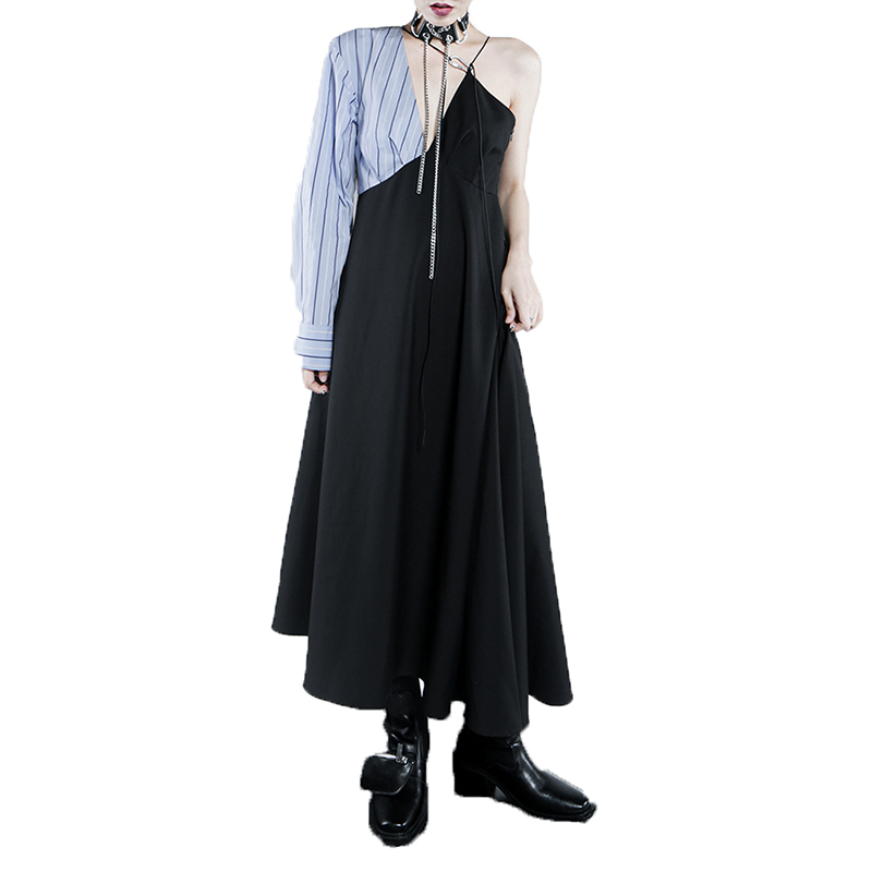 New Style V Neck Long Sleeve High Waist Irregular Patchwork Striped Midi Long Knitted Dress