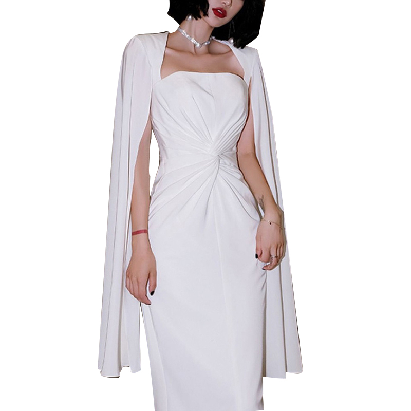 Fashion Shawl Twist Front Square Collar Gather Waist Solid Color Midi Evening Dresses