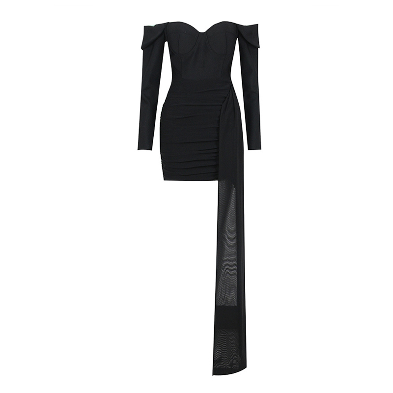 High Quality Slash Neck Long Sleeve High Waist Slim Spliced Bandage Women Long Sleeve Long Bodycon Dress