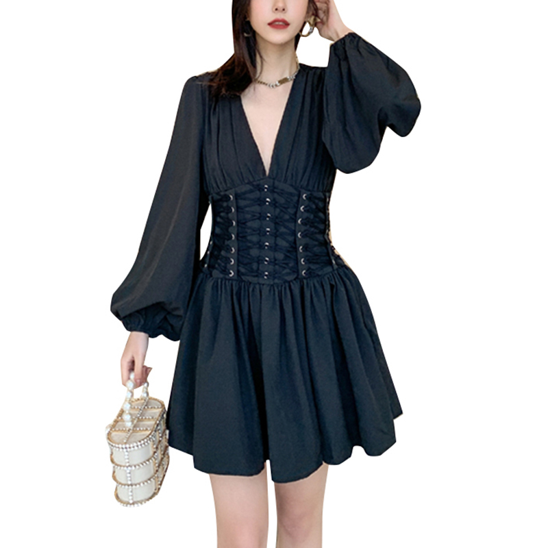 Patchwork Cross Bandage Gather Waist V Neck Lantern Sleeve Mini Dress Womens
