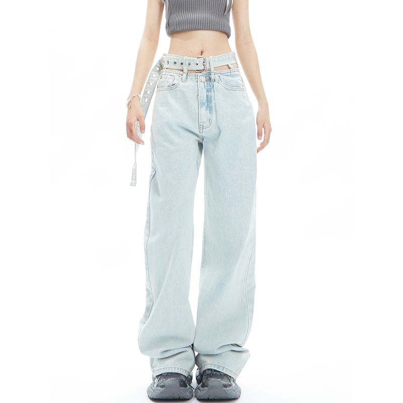 Fashion High Waist Spliced Belt Loose Denim Wide Leg Long Jeans For Women