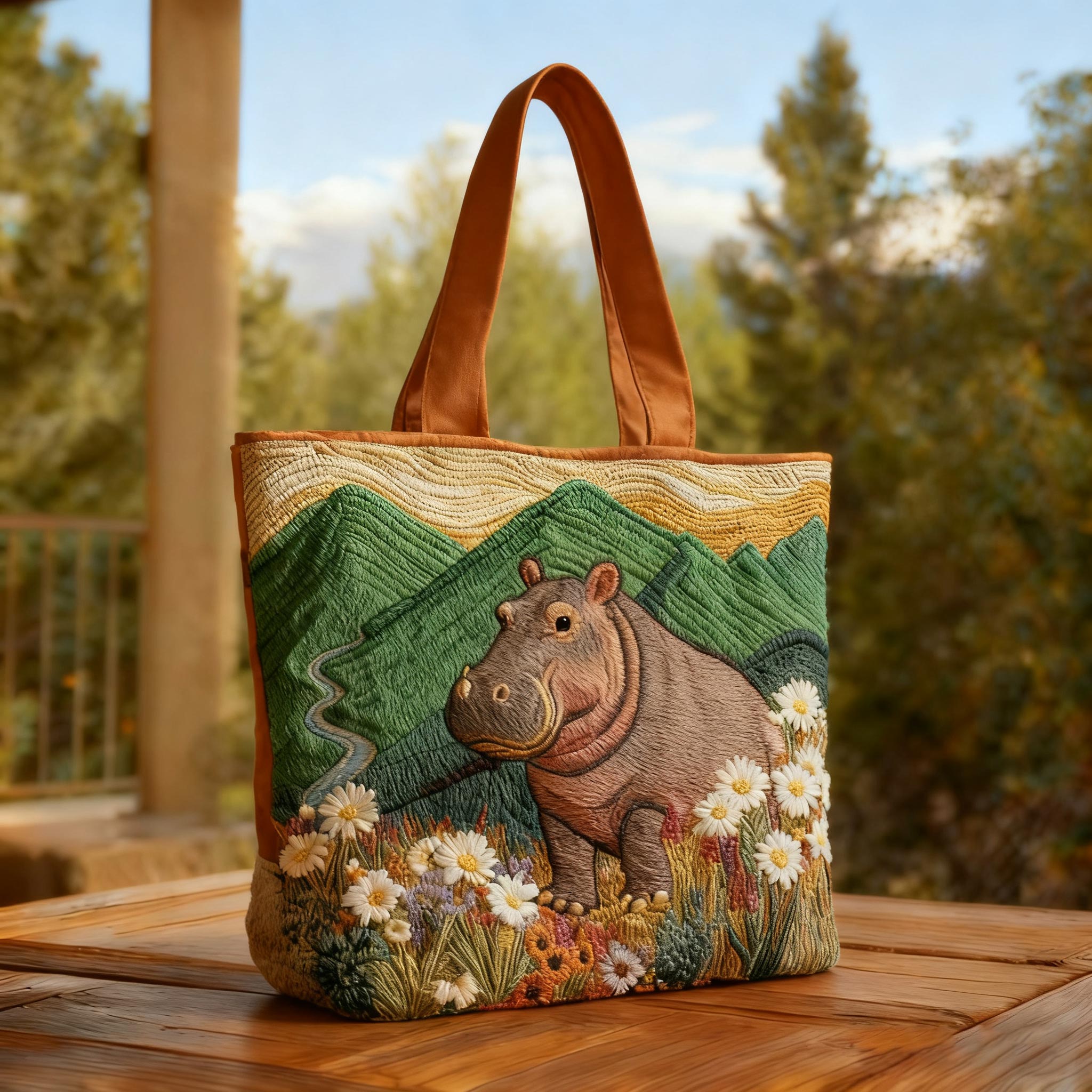 Solemn Hippo Quilted Tote Bag - Giftroza