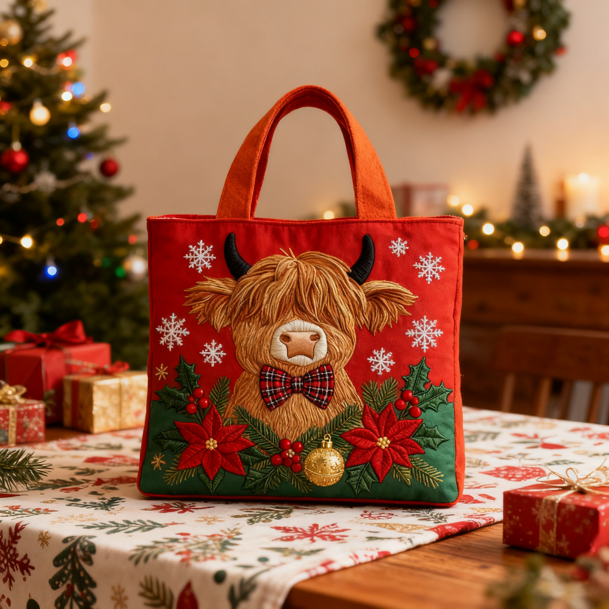 Christmas Highland Cow Quilted Tote Bag - Giftroza