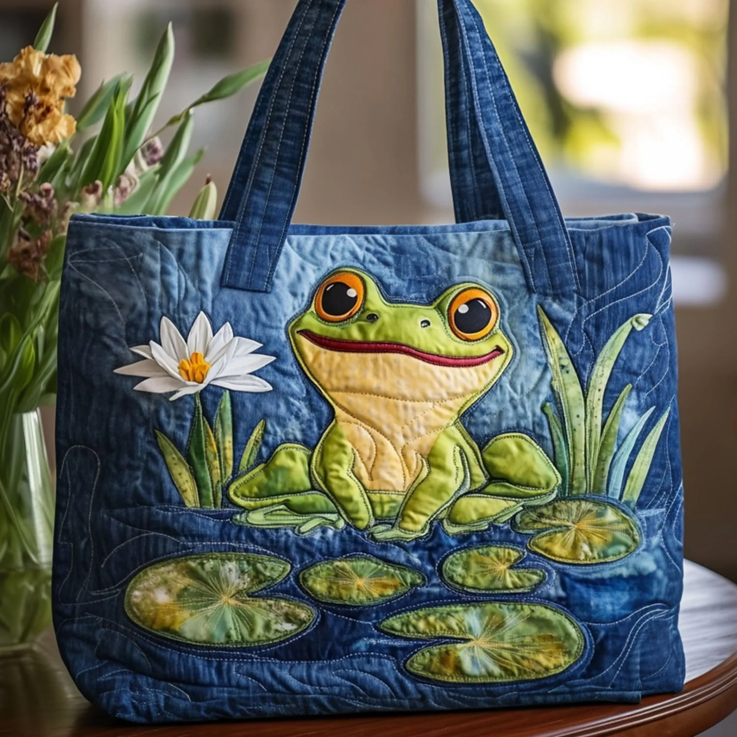 Frog and Lotus Series Quilted Tote Bag - Giftroza