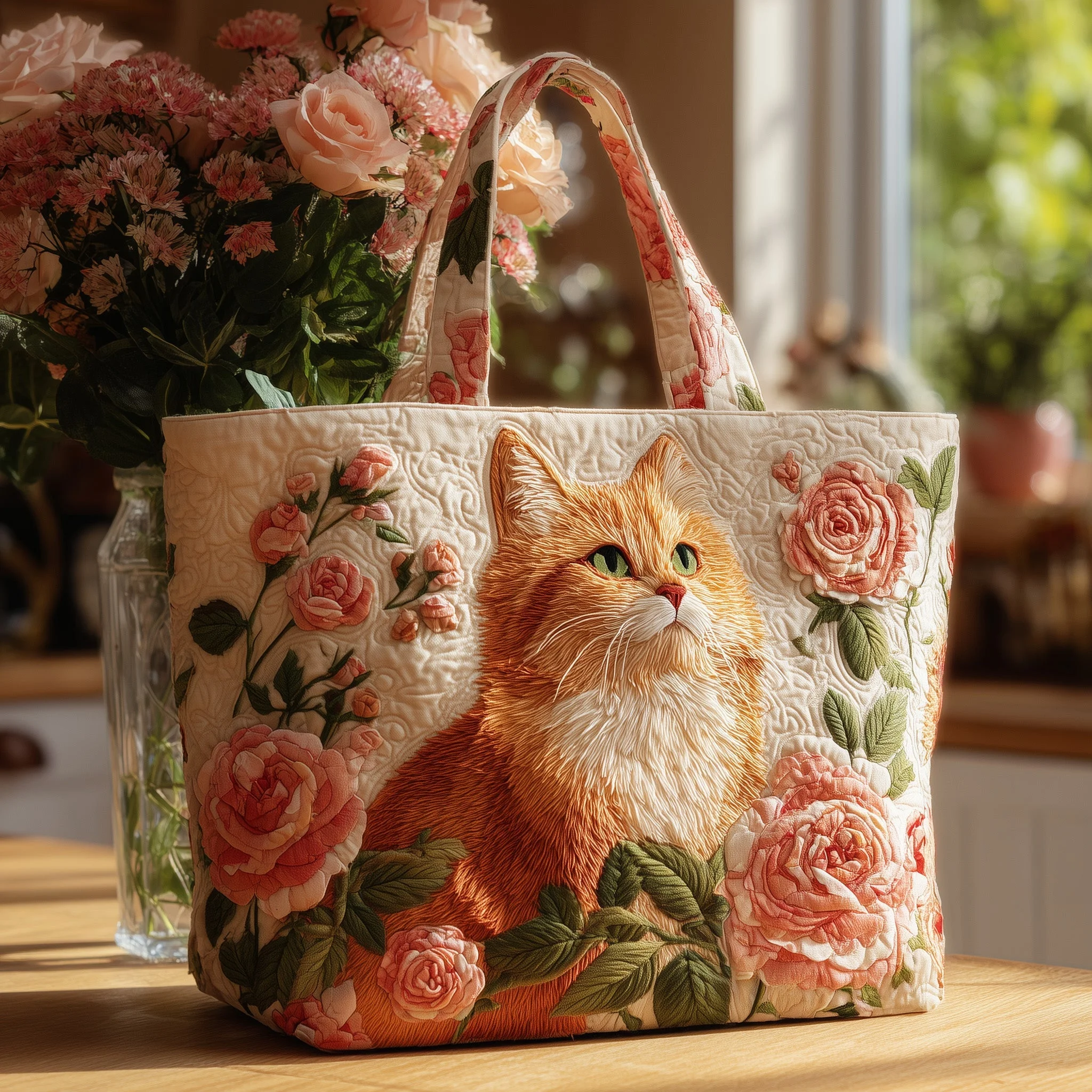 Cute Kittens and Flowers Quilted Tote Bag - Giftroza
