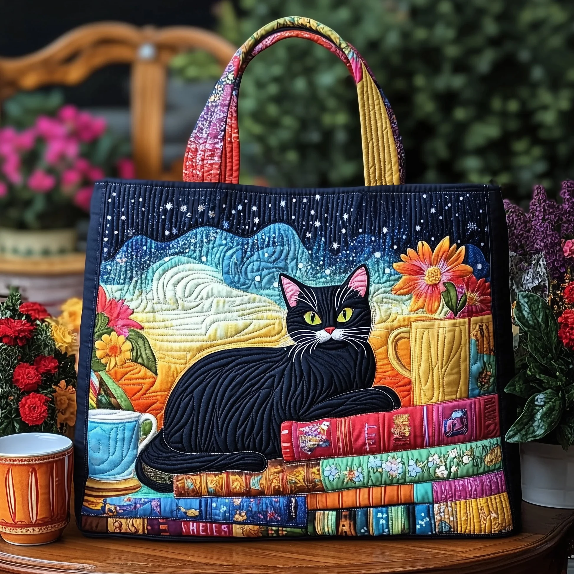 Cat and Book Quilted Tote Bag GFTONT1123 - Giftroza