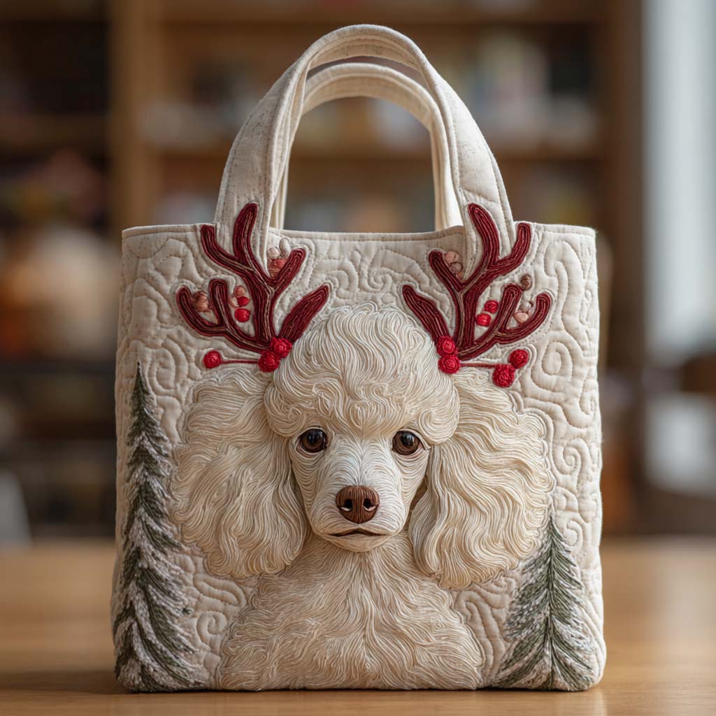 Holiday Reindeer Poodle White Quilted Tote Bag NCU0XD1233 - Giftroza