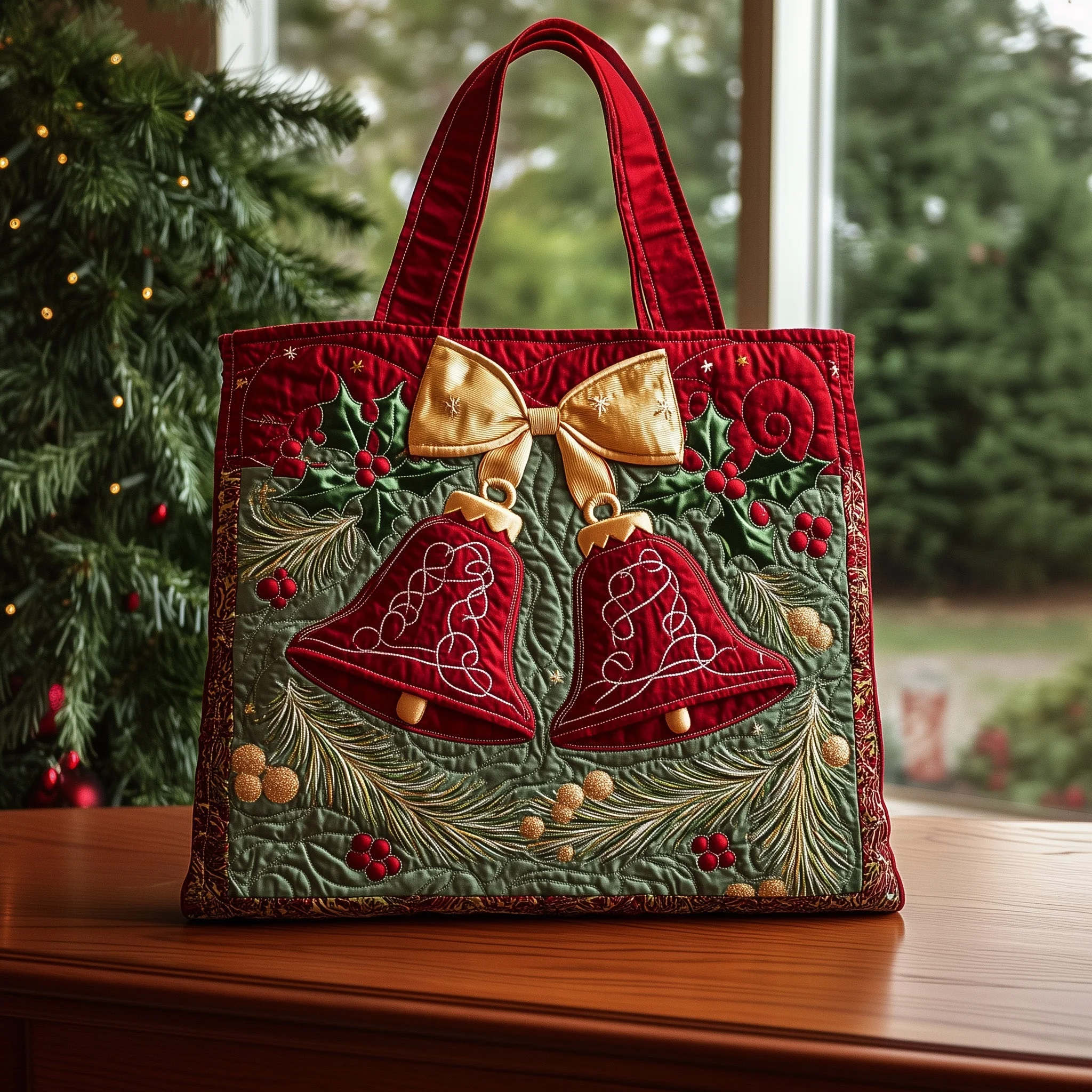 Christmas Red Bells Series Quilted Tote Bag - Giftroza