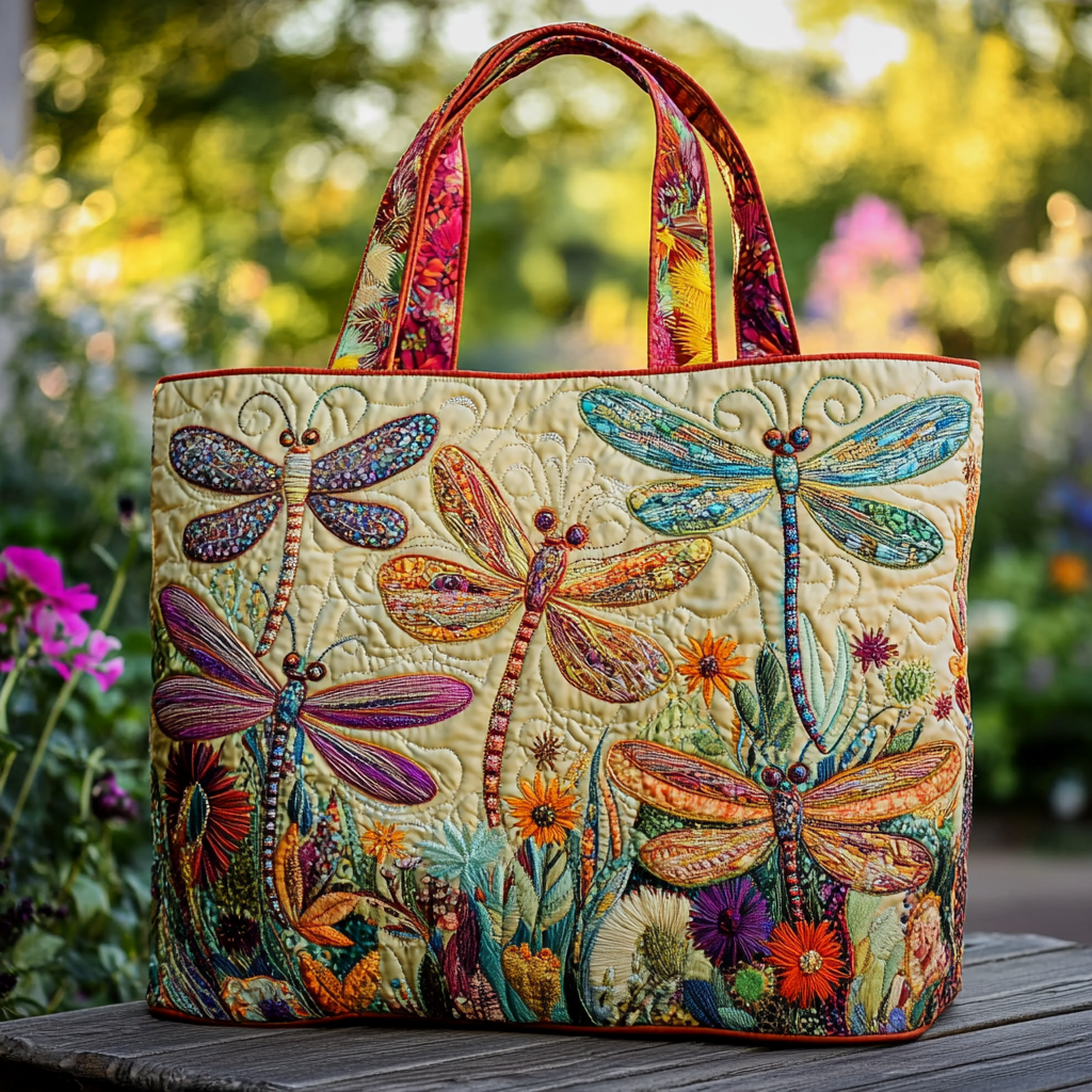 Colorful Dragonflies And Flowers Quilted Handbag - Giftroza