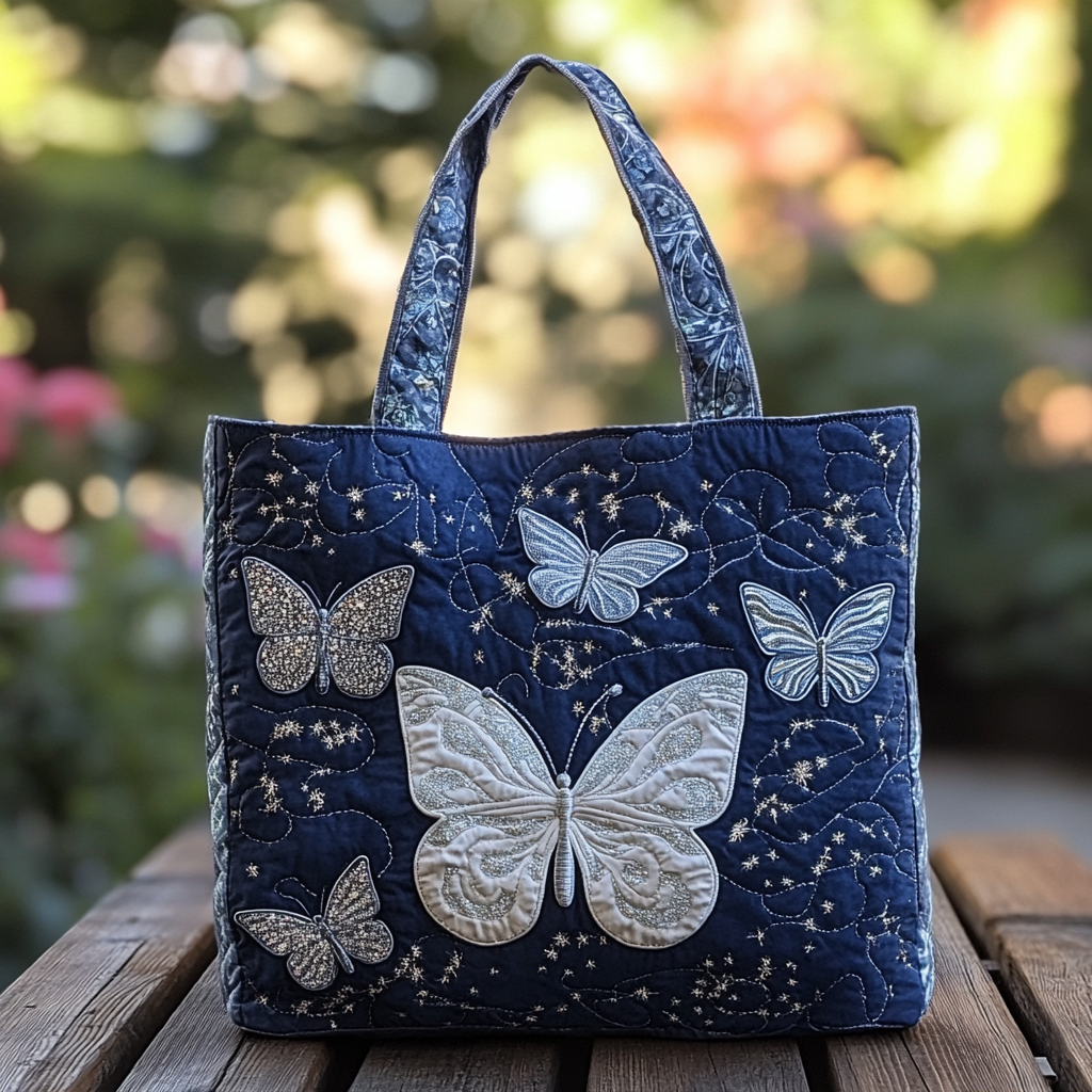 Silver Butterfly Quilted Tote Bag NCU0DK9609 - Giftroza