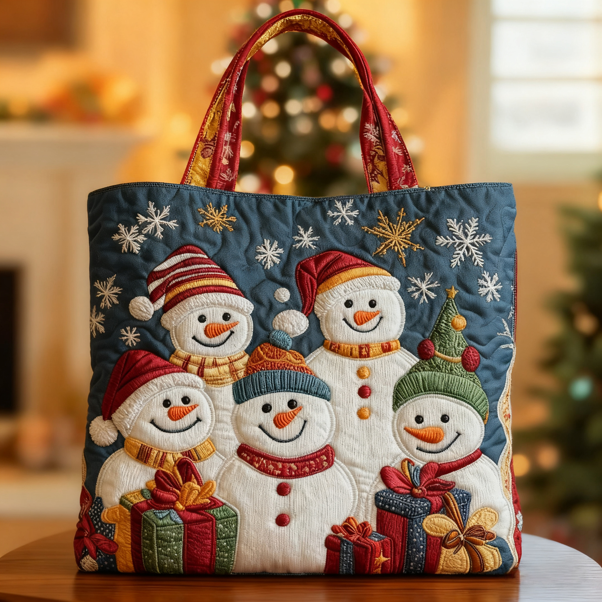 Merry Christmas Snowmen Quilted Tote Bag - Giftroza