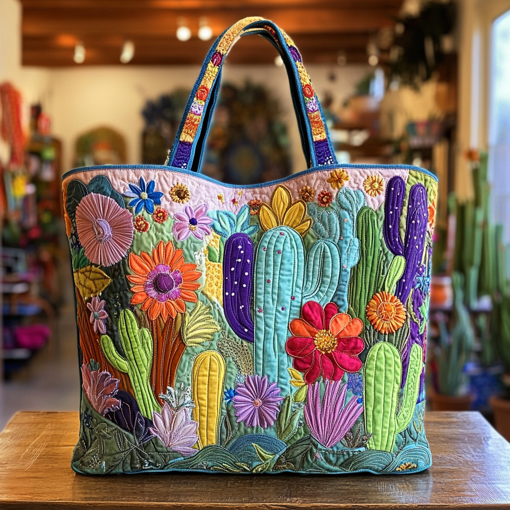 Blooming Cactus Quilted Tote Bag NCU0VL2781 - Giftroza