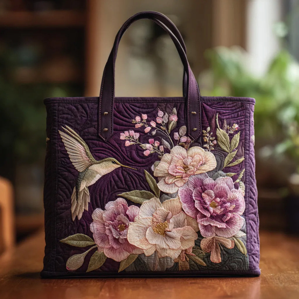 A purple quilted handbag embroidered with hummingbirds and orchids. - Giftroza
