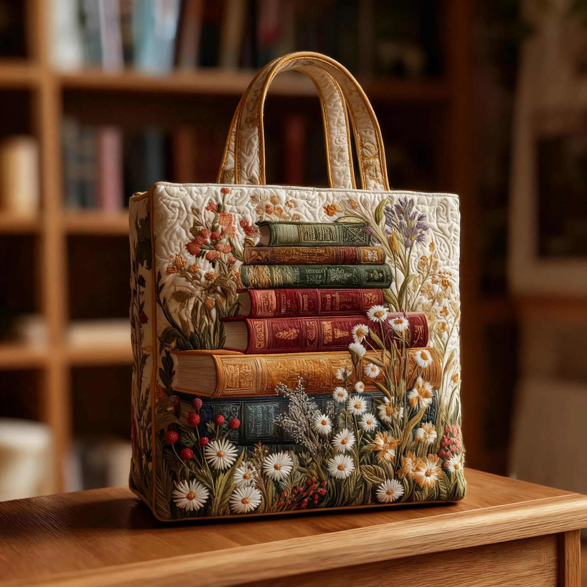 Artistic Book Scroll Floral Quilted Tote Bag - Giftroza