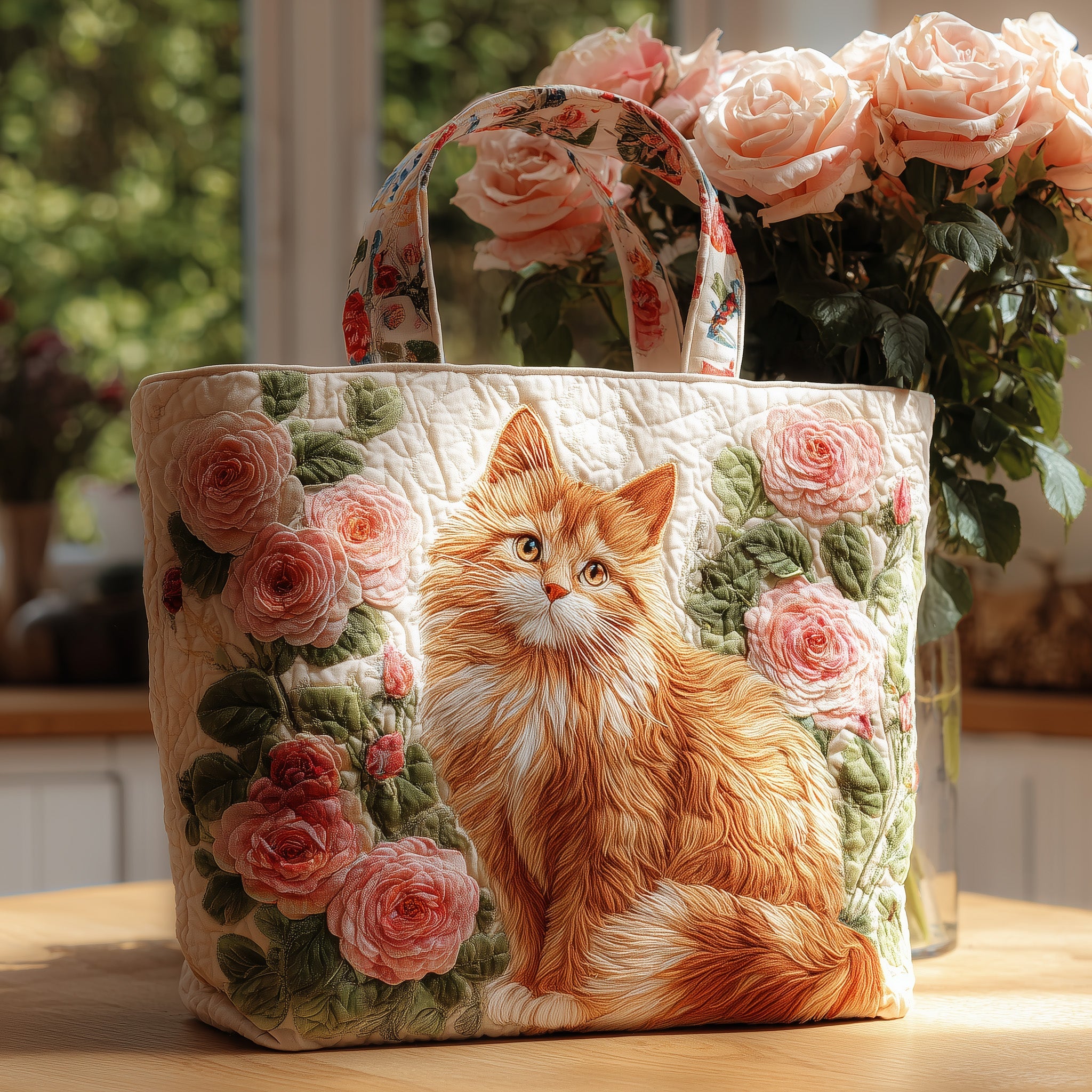Cat and Rose Quilted Tote Bag GFTOTL4404 - Giftroza