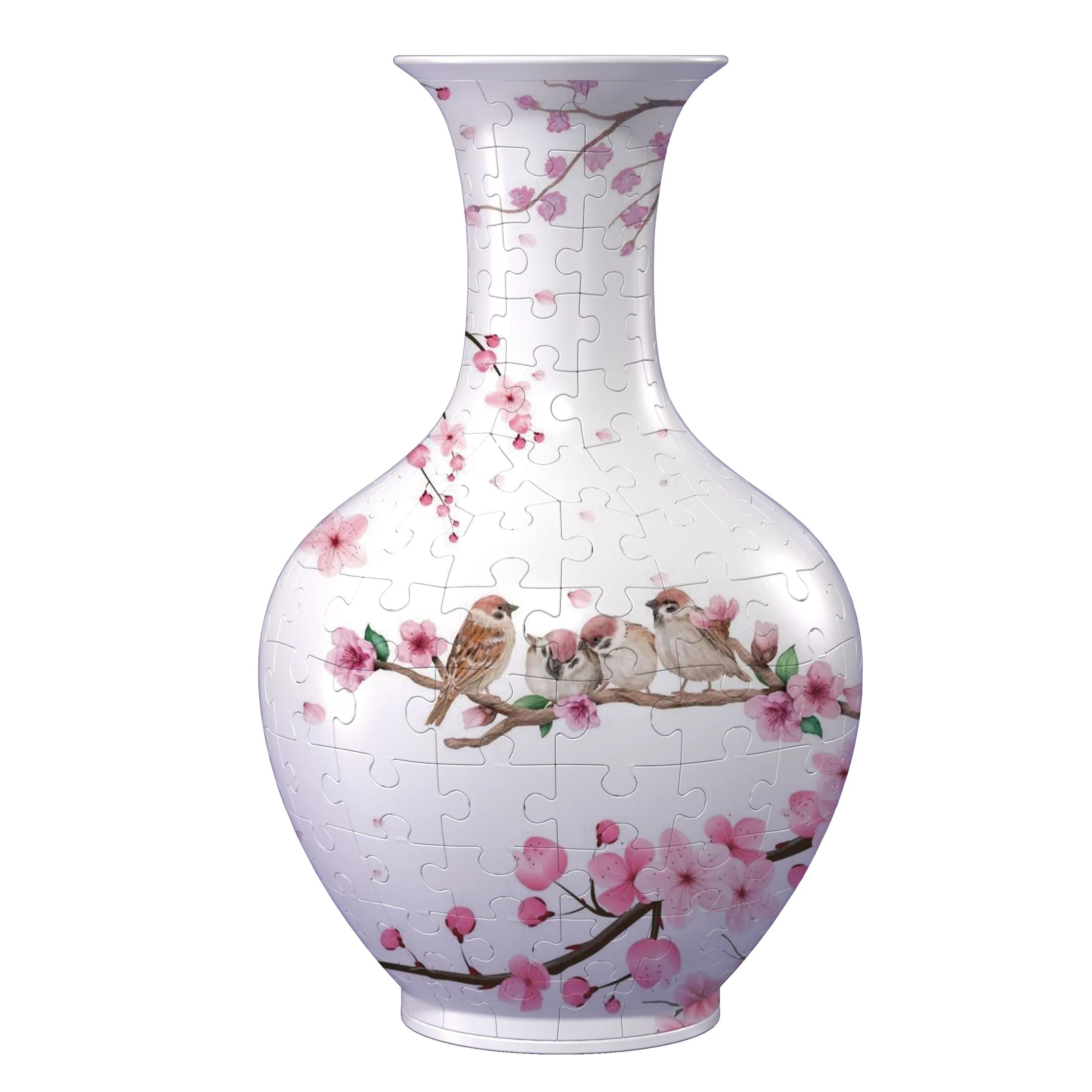 3D Sakura and Bird Series Long Neck Round Puzzle Vase - (160 Pieces) - Giftroza