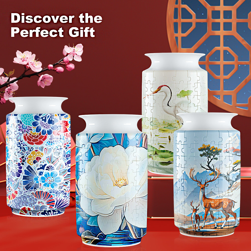 3D Lotus Flowers And Red-Crowned Cranes Style Puzzle Medium Vase- (162 Pieces) - Giftroza