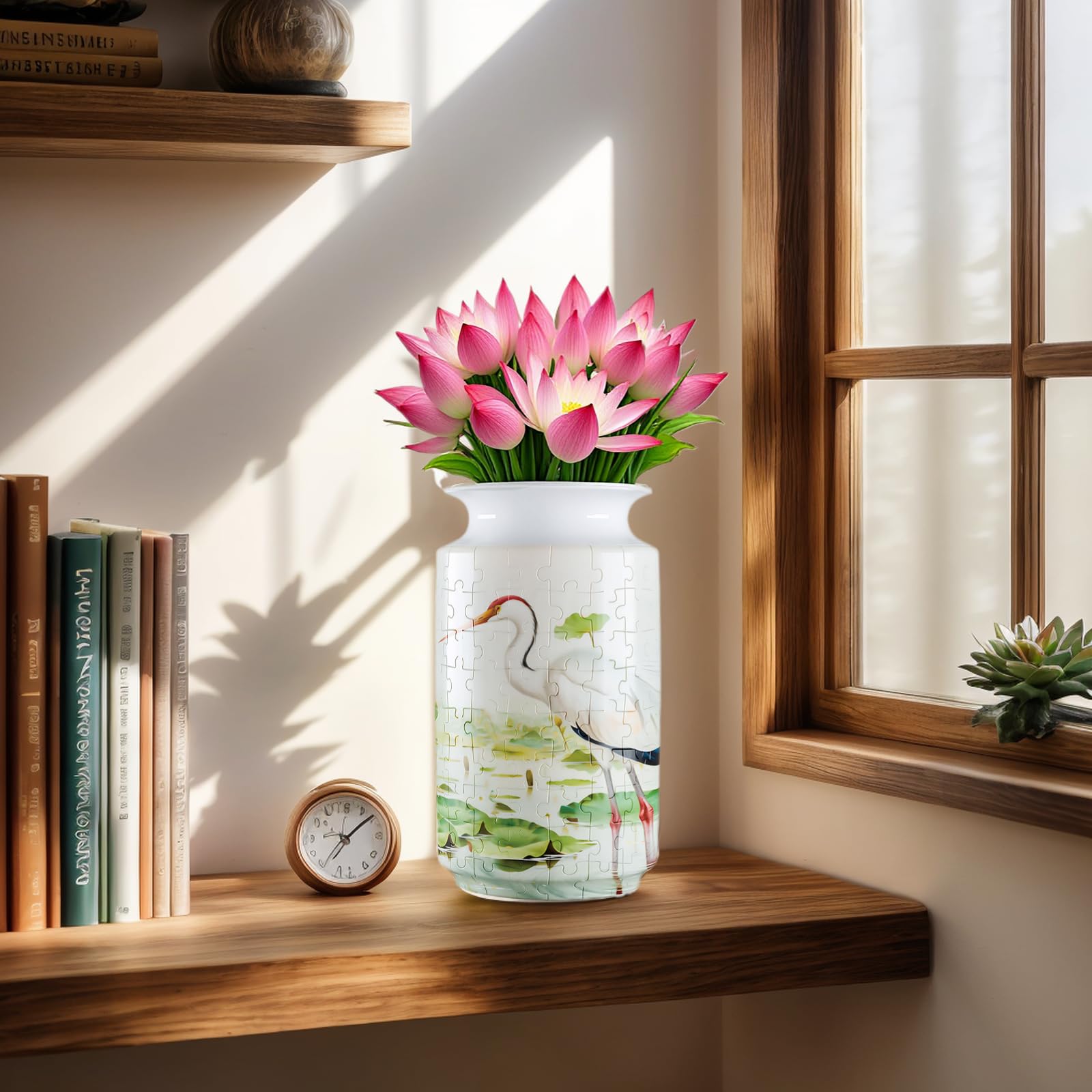 3D Lotus Flowers And Red-Crowned Cranes Style Puzzle Medium Vase- (162 Pieces) - Giftroza