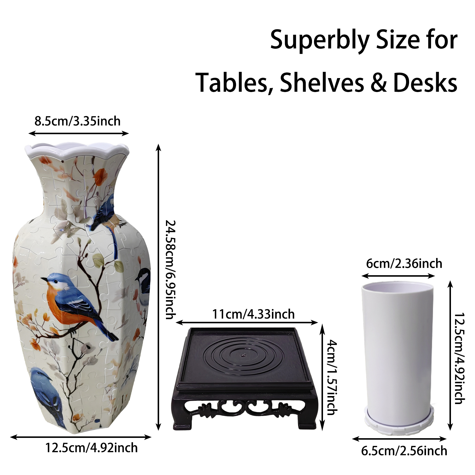 3D Blue Robin Flower Branch -Shaped Neck Long Vase Jigsaw Puzzle (164 Pieces) - Giftroza