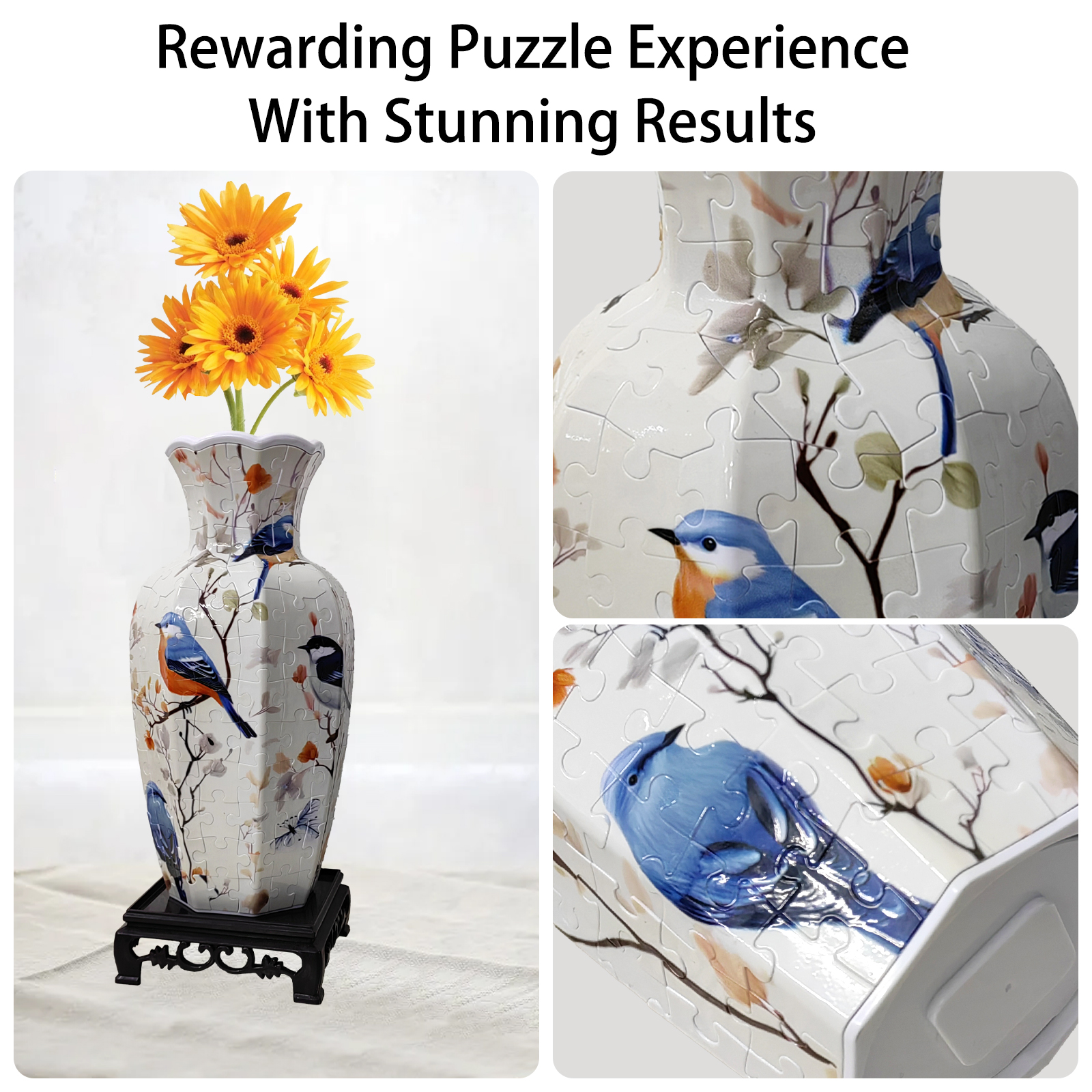 3D Blue Robin Flower Branch -Shaped Neck Long Vase Jigsaw Puzzle (164 Pieces) - Giftroza