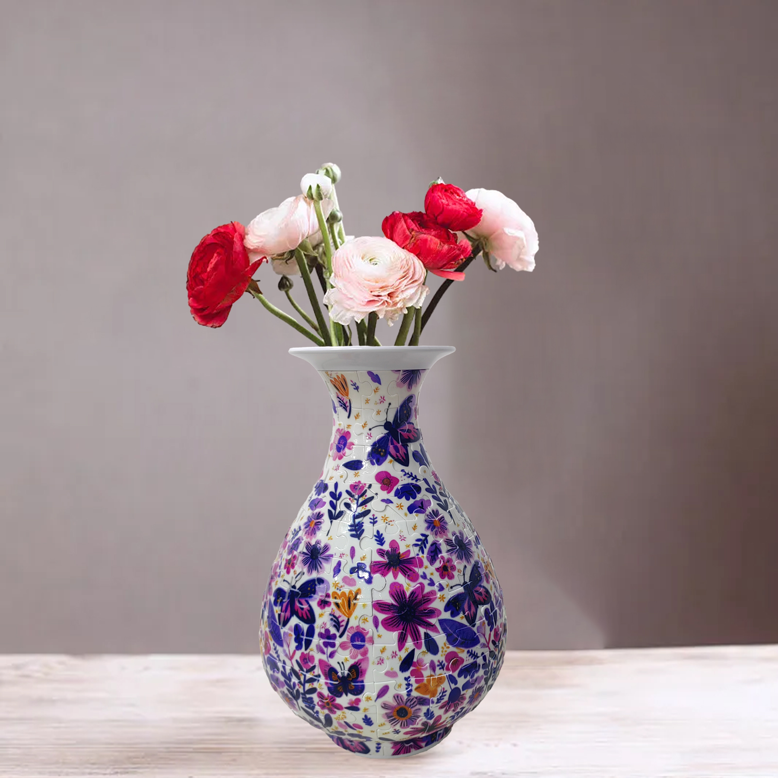 3D Purple Sunflower Flower Leaves And Butterflies Series Puzzle Round Belly Vase - (162 Pieces) - Giftroza