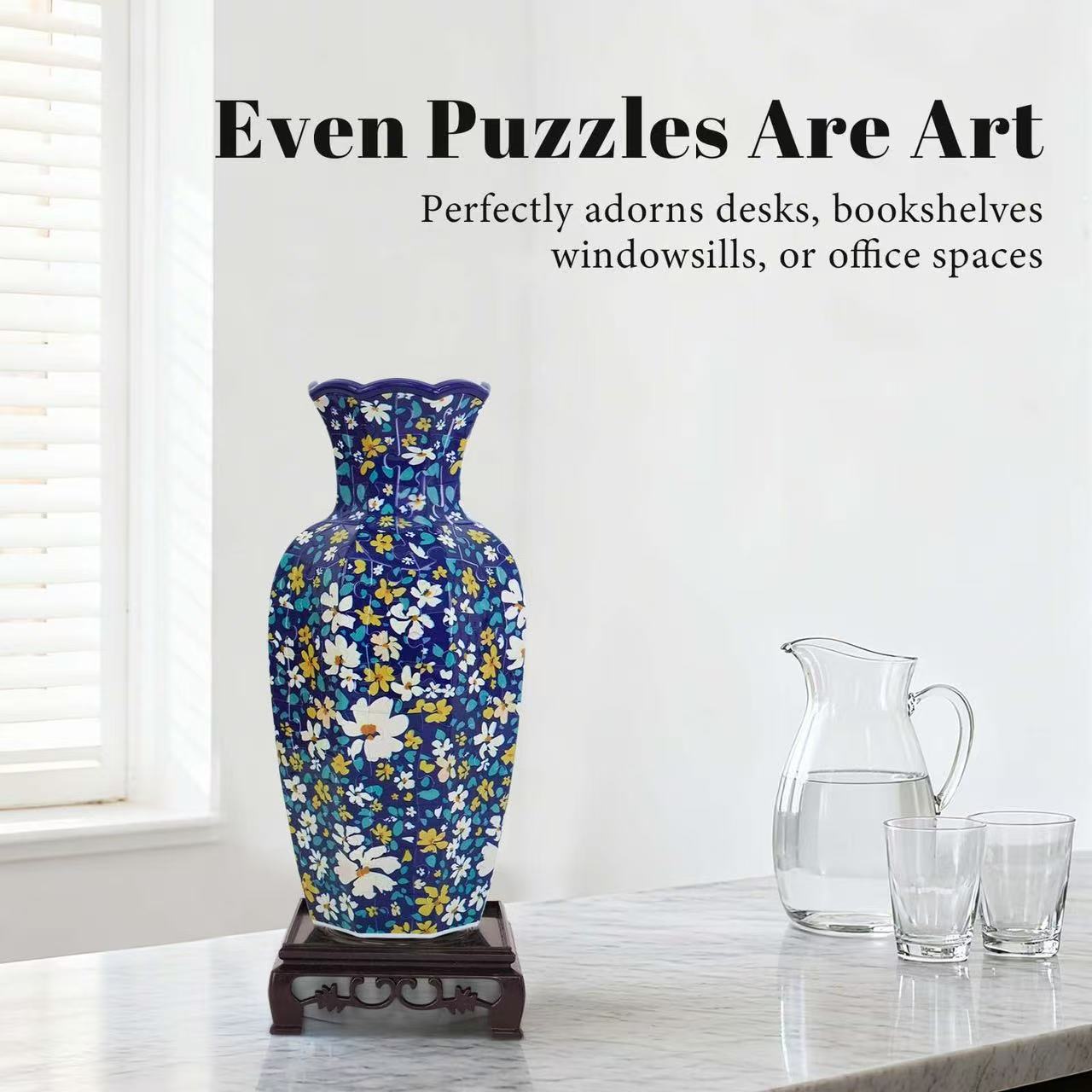 3D Blue White Orchid Vintage Floral Wavy-Shaped Neck Long Vase Jigsaw Puzzle (164 Pieces) - Giftroza