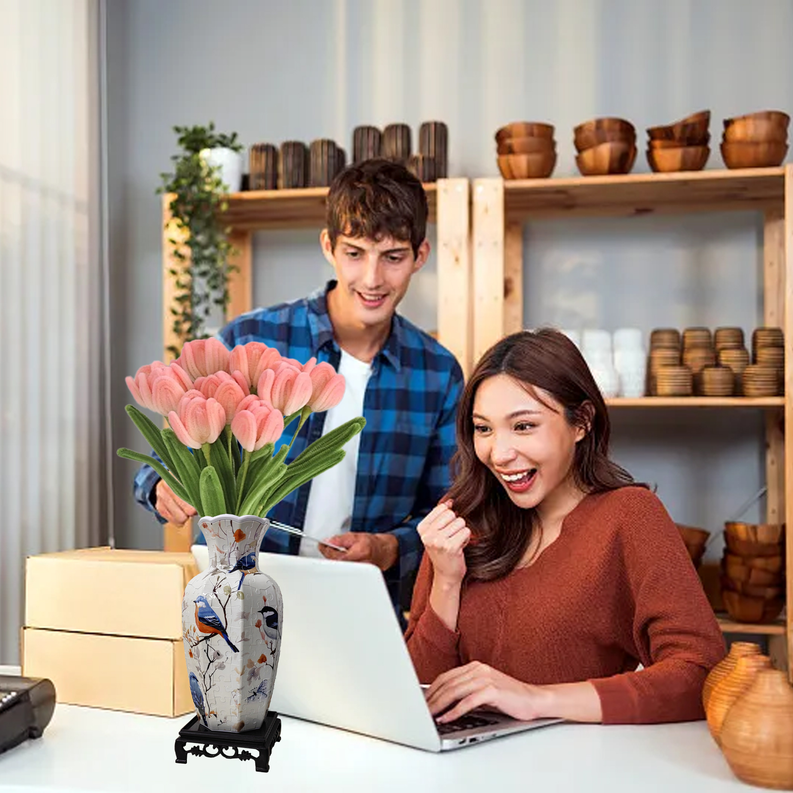 3D Blue Robin Flower Branch -Shaped Neck Long Vase Jigsaw Puzzle (164 Pieces) - Giftroza