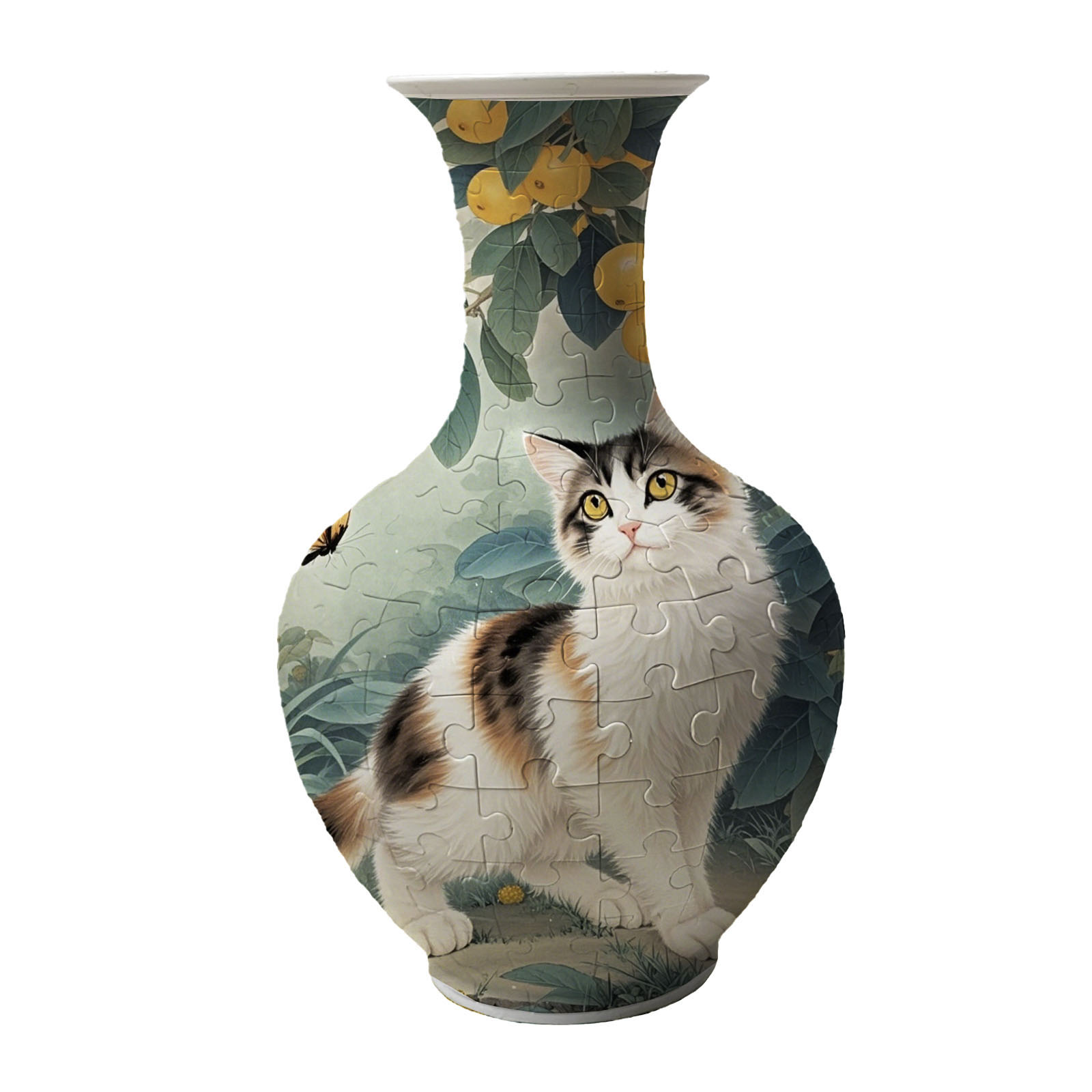 3D Cat Under the Fruit Tree Series Long Neck Round Puzzle Vase-(160 Pieces) - Giftroza