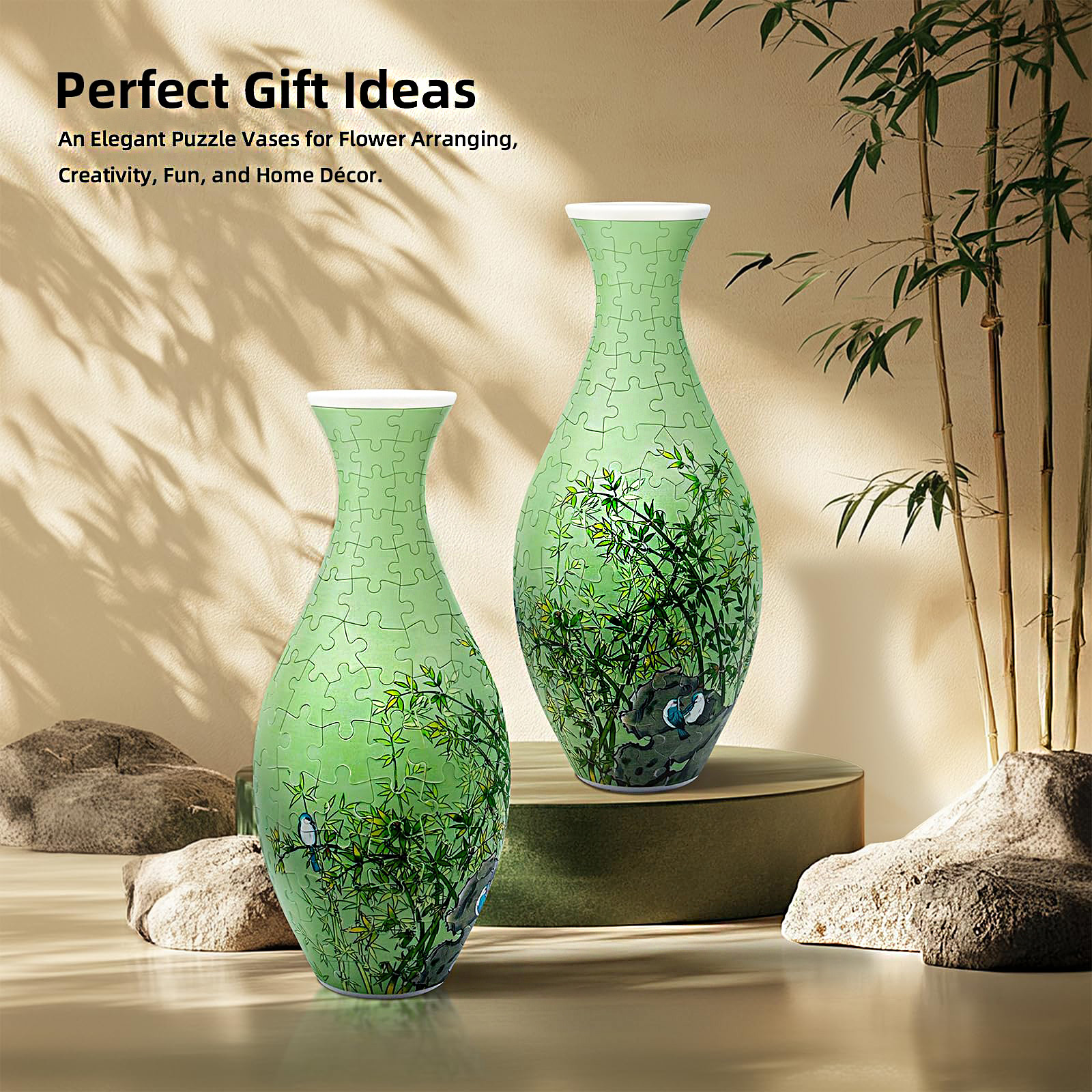 3D Bamboo And Birds Painting Style Jigsaw Puzzle Vase - (160 Pieces) - Giftroza