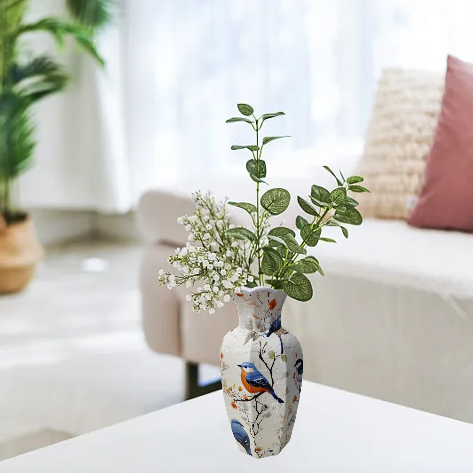 3D Blue Robin Flower Branch -Shaped Neck Long Vase Jigsaw Puzzle (164 Pieces) - Giftroza