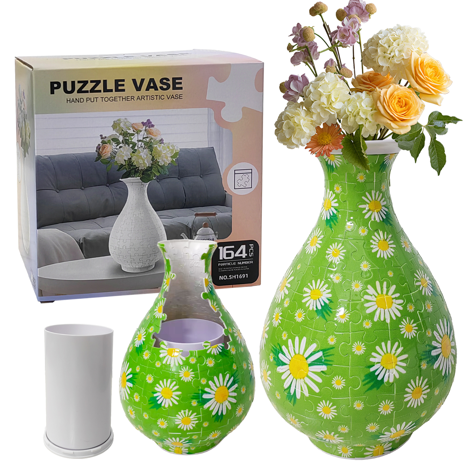 3D Green Chrysanthemum Series Puzzle Round Belly Vase - (162 Pieces) - Giftroza
