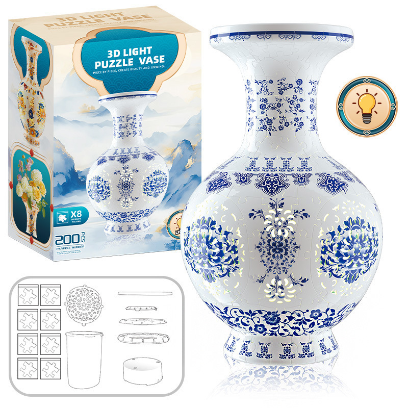 3D White Jade Flower Totem Pattern Style  LED Light Puzzle Large Vase - (200Pieces)💡 - Giftroza