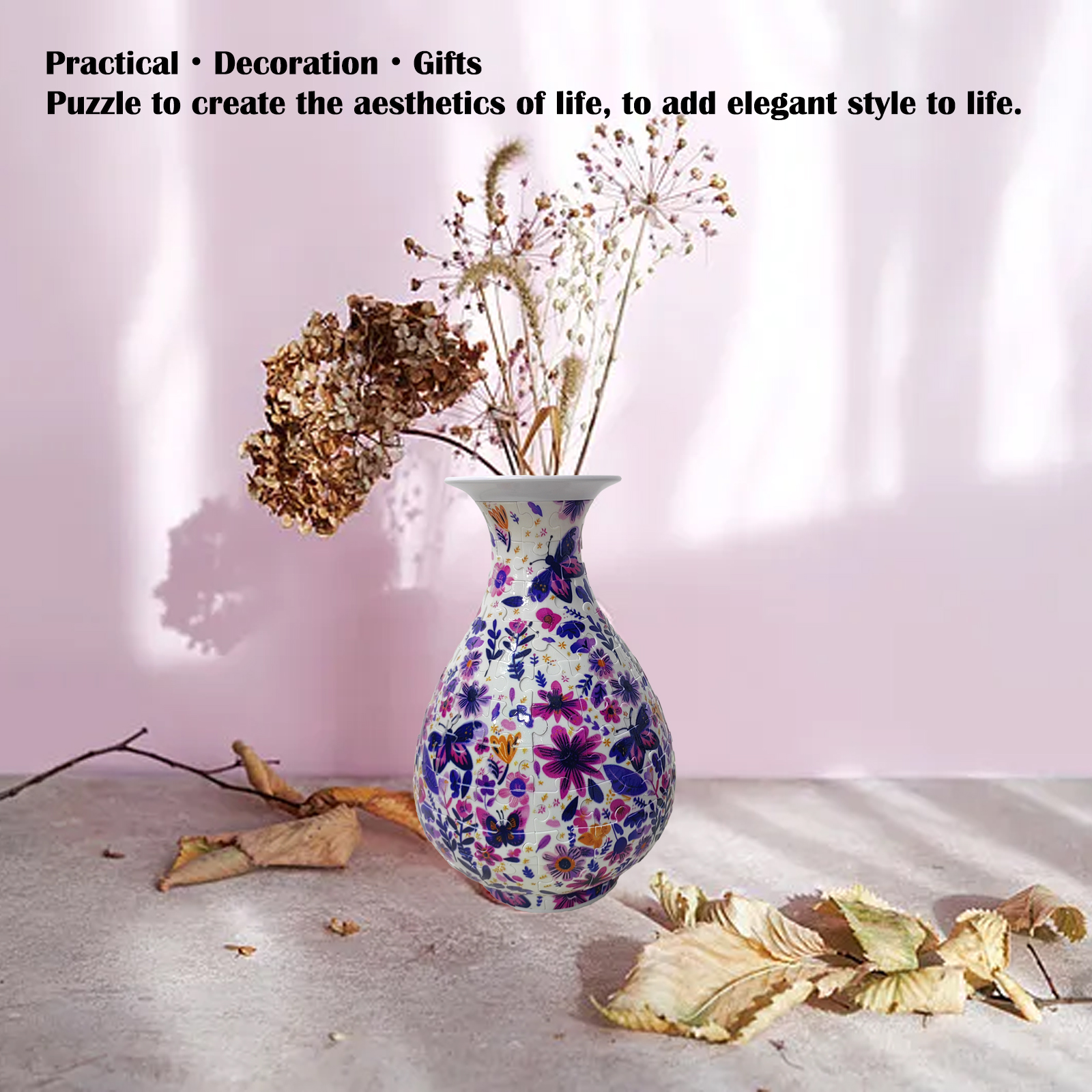 3D Purple Sunflower Flower Leaves And Butterflies Series Puzzle Round Belly Vase - (162 Pieces) - Giftroza