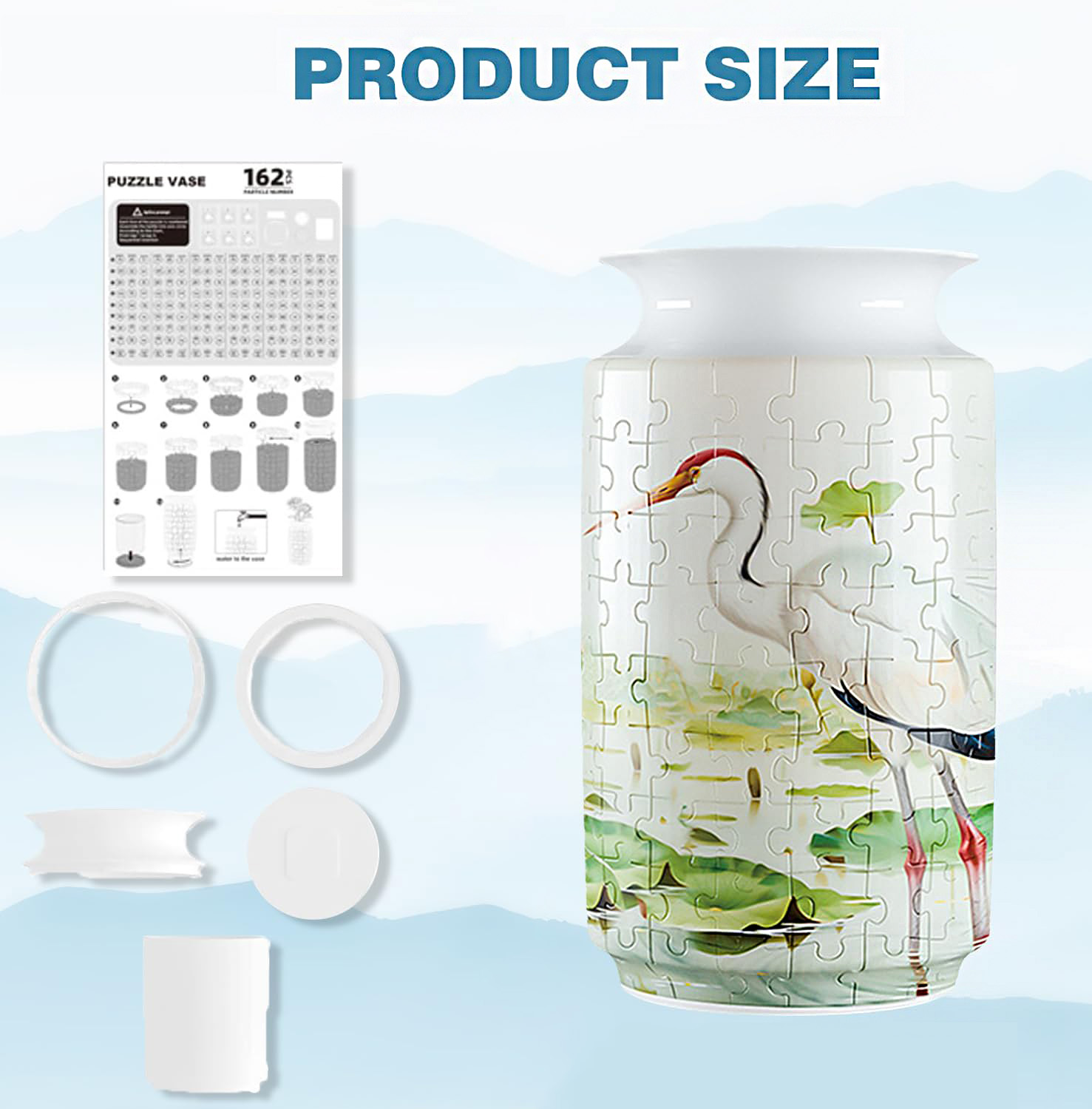 3D Lotus Flowers And Red-Crowned Cranes Style Puzzle Medium Vase- (162 Pieces) - Giftroza