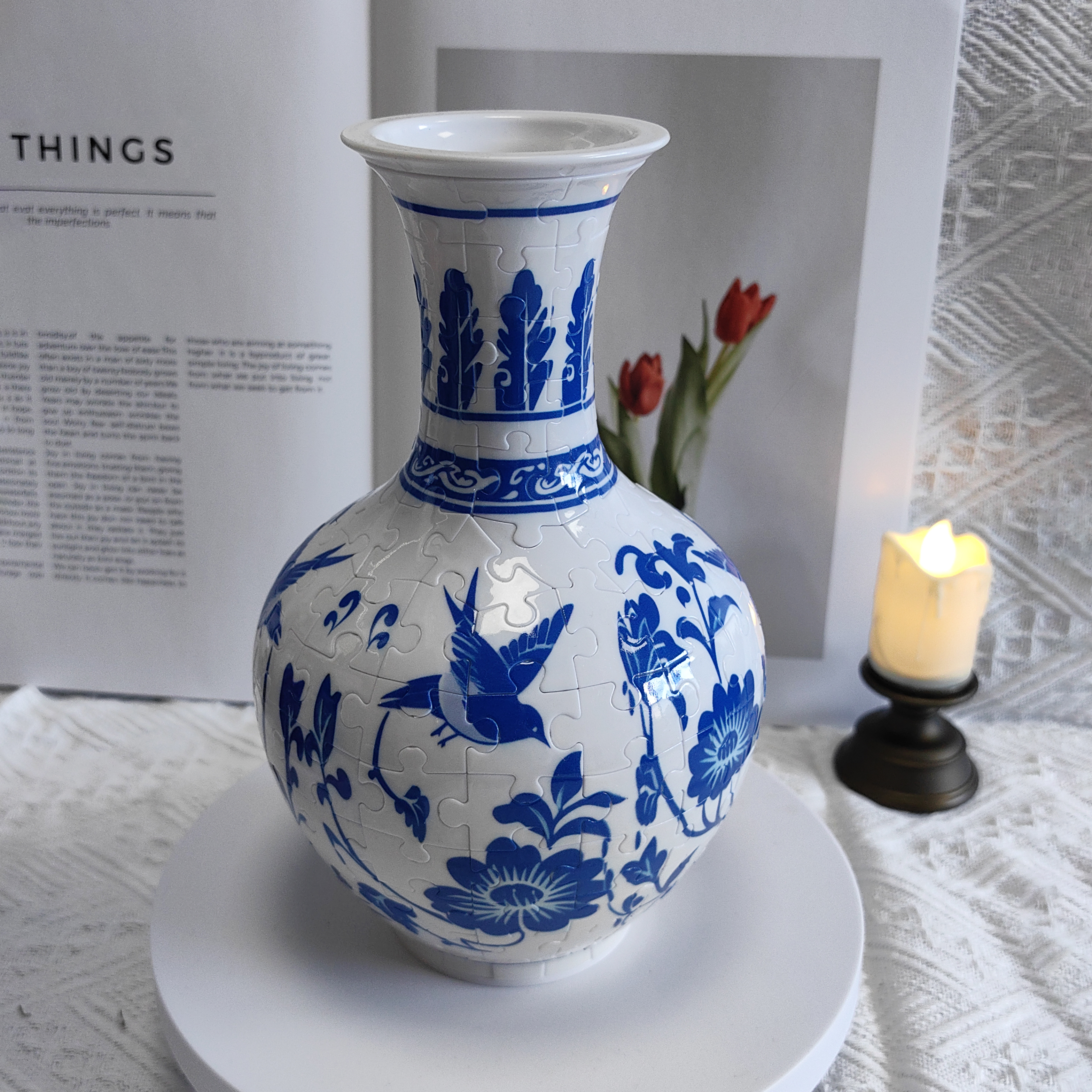 3D Blue White Floral-Bird Painting Long Neck Round Puzzle Vase - (160 Pieces) - Giftroza
