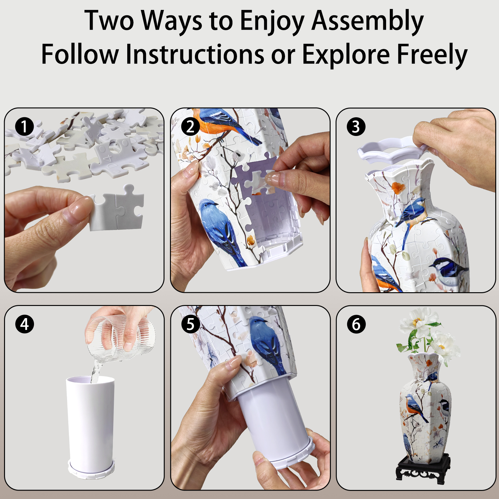 3D Blue Robin Flower Branch -Shaped Neck Long Vase Jigsaw Puzzle (164 Pieces) - Giftroza