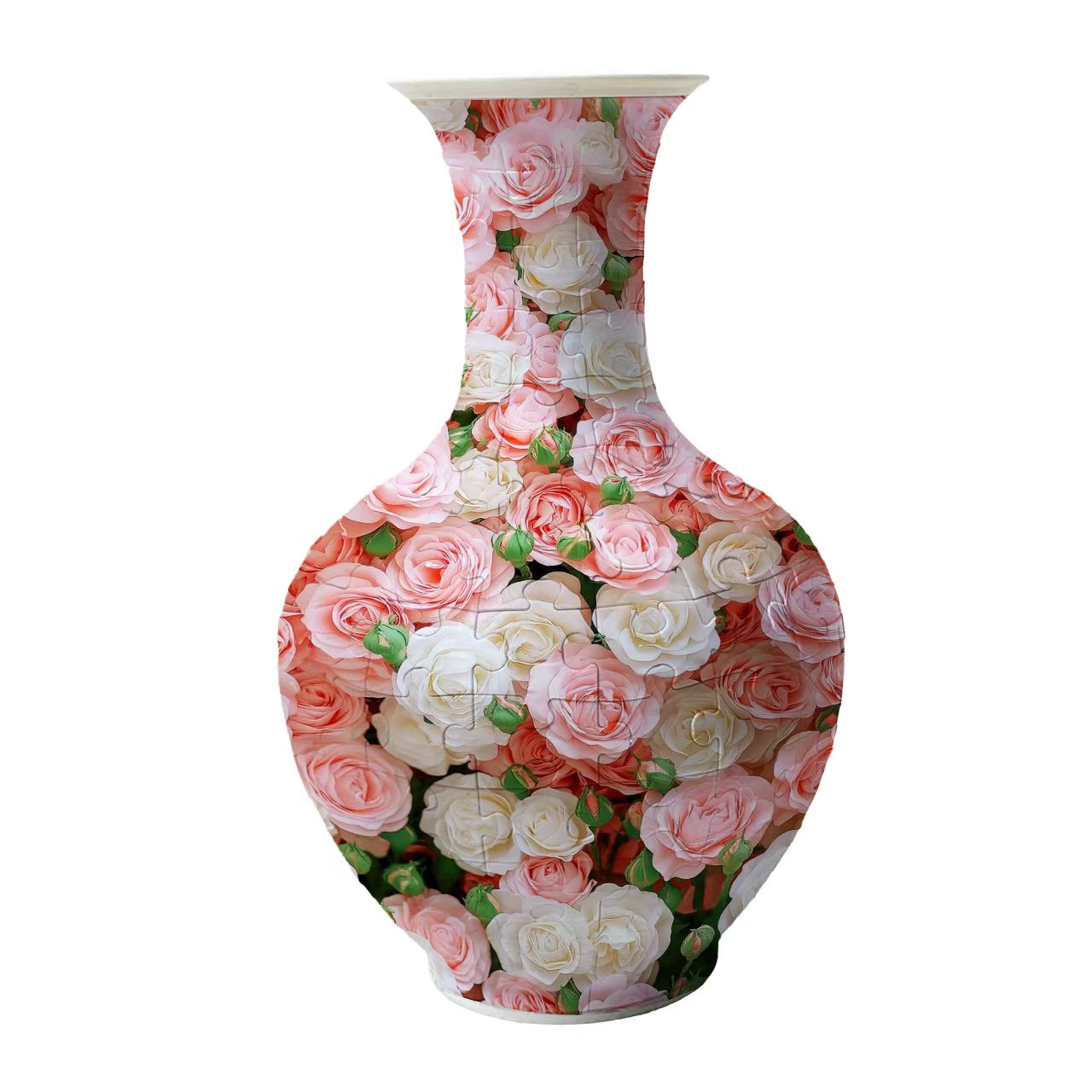 3D Pink and White Rose Series Long Neck Round Puzzle Vase - (160 Pieces) - Giftroza