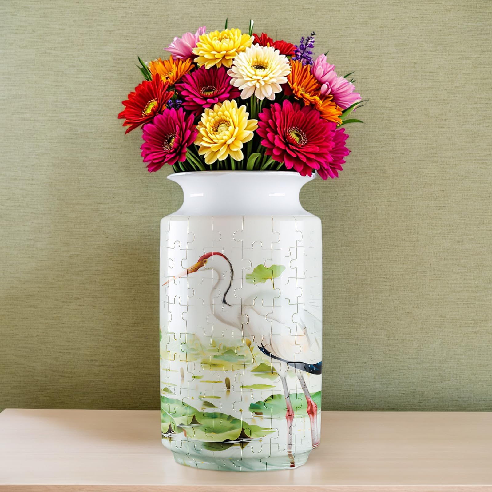 3D Lotus Flowers And Red-Crowned Cranes Style Puzzle Medium Vase- (162 Pieces) - Giftroza