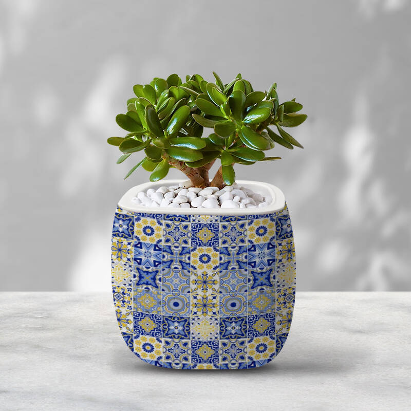 3D Yellow And Blue Retro Tiles Flower Pot Puzzle - ( 96 Piece ) - Giftroza